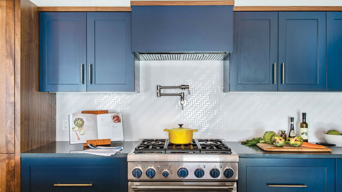 blue cabinets in a condo kitchen